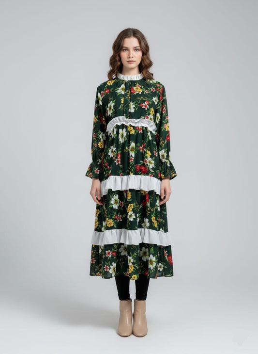 TRENDZ FASHION Elegant Floral Chiffon Ruffle Maxi Dress for Women