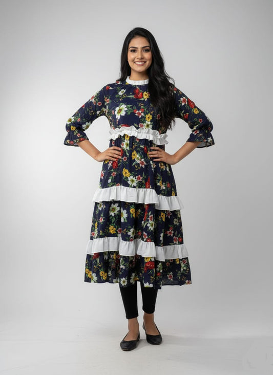 TRENDZ FASHION Elegant Floral Chiffon Ruffle Maxi Dress for Women