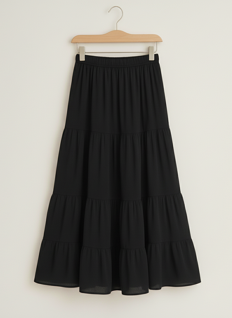 Flowy Black Tiered Long Skirt