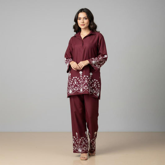 Zayra – Maroon Embroidered Co-Ord Set