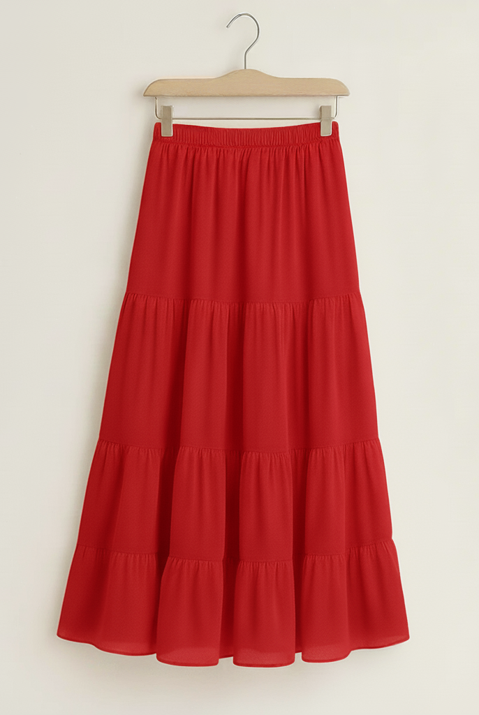 Flowy Red Tiered Long Skirt