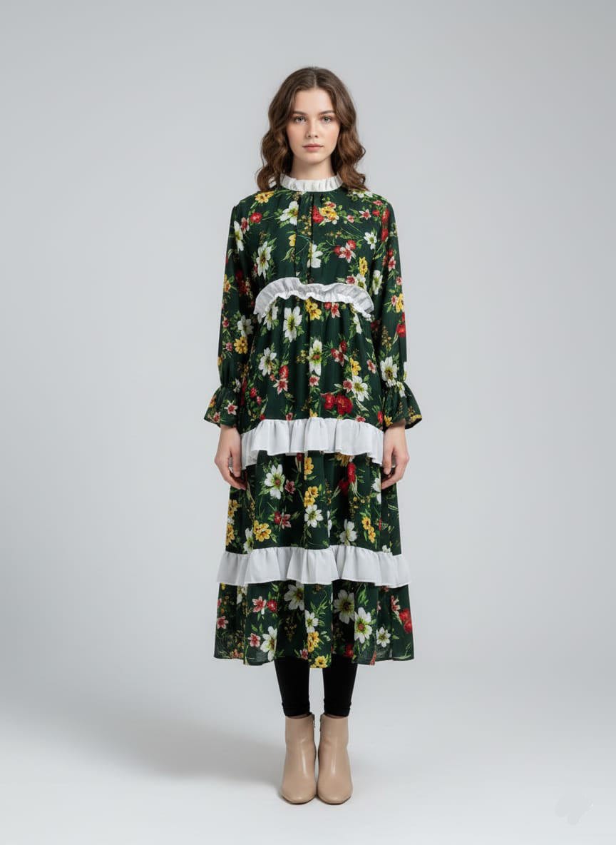 TRENDZ FASHION Elegant Floral Chiffon Ruffle Maxi Dress for Women