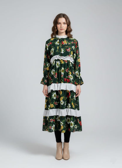 TRENDZ FASHION Elegant Floral Chiffon Ruffle Maxi Dress for Women