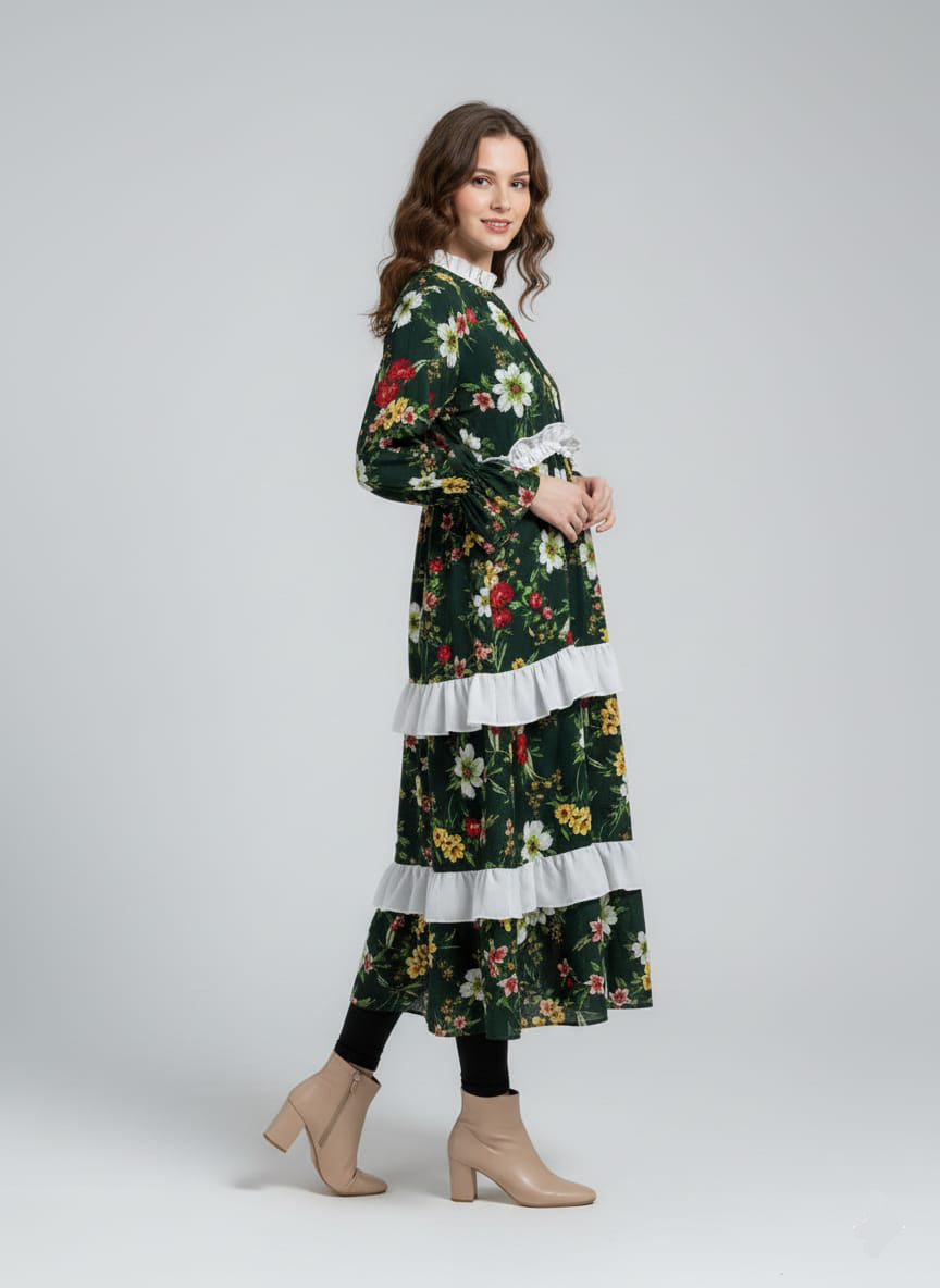 TRENDZ FASHION Elegant Floral Chiffon Ruffle Maxi Dress for Women