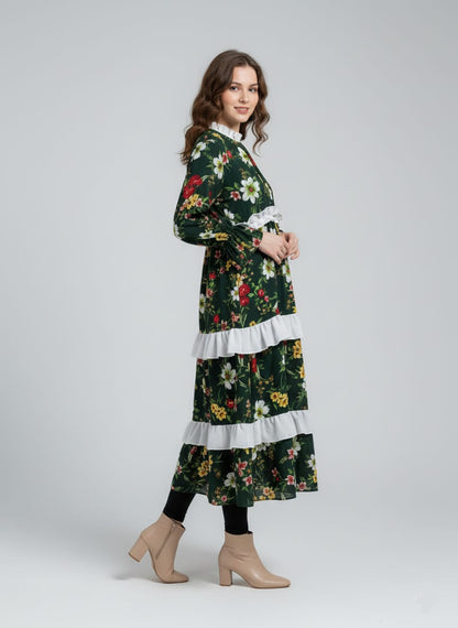 TRENDZ FASHION Elegant Floral Chiffon Ruffle Maxi Dress for Women