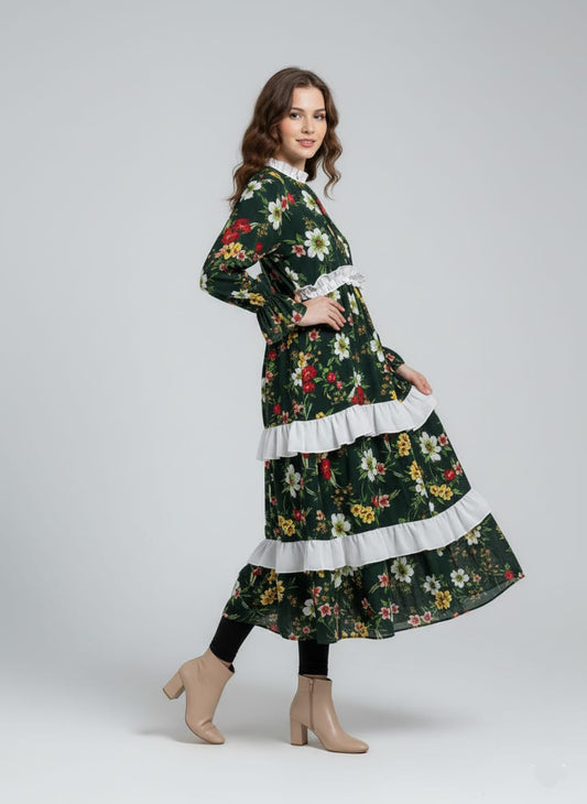 TRENDZ FASHION Elegant Floral Chiffon Ruffle Maxi Dress for Women