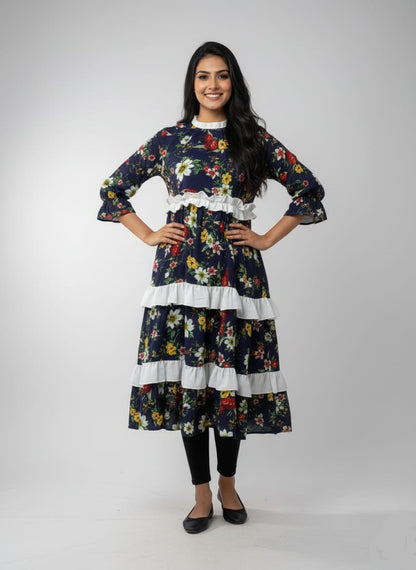 TRENDZ FASHION Elegant Floral Chiffon Ruffle Maxi Dress for Women