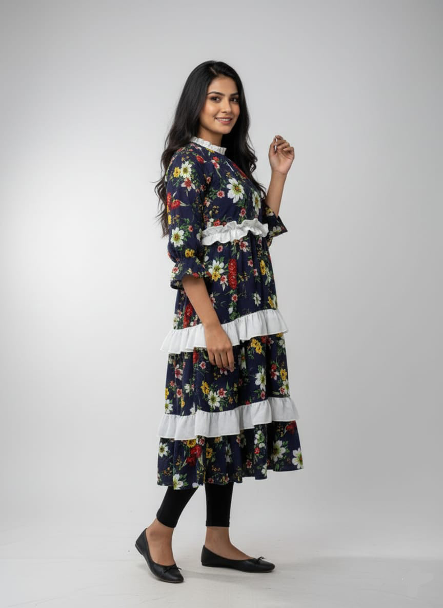 TRENDZ FASHION Elegant Floral Chiffon Ruffle Maxi Dress for Women