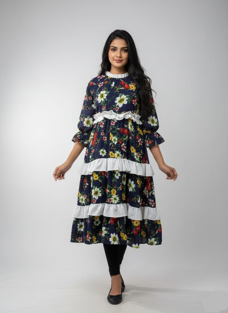 TRENDZ FASHION Elegant Floral Chiffon Ruffle Maxi Dress for Women