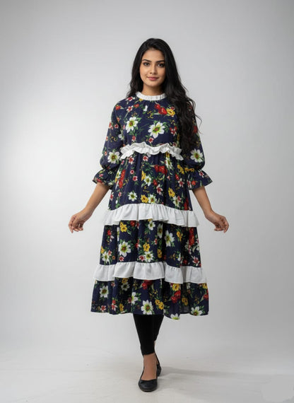 TRENDZ FASHION Elegant Floral Chiffon Ruffle Maxi Dress for Women