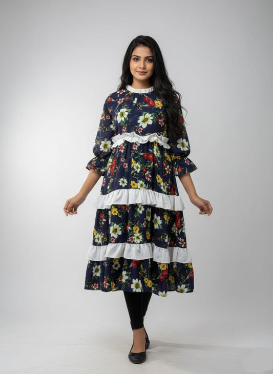 TRENDZ FASHION Elegant Floral Chiffon Ruffle Maxi Dress for Women