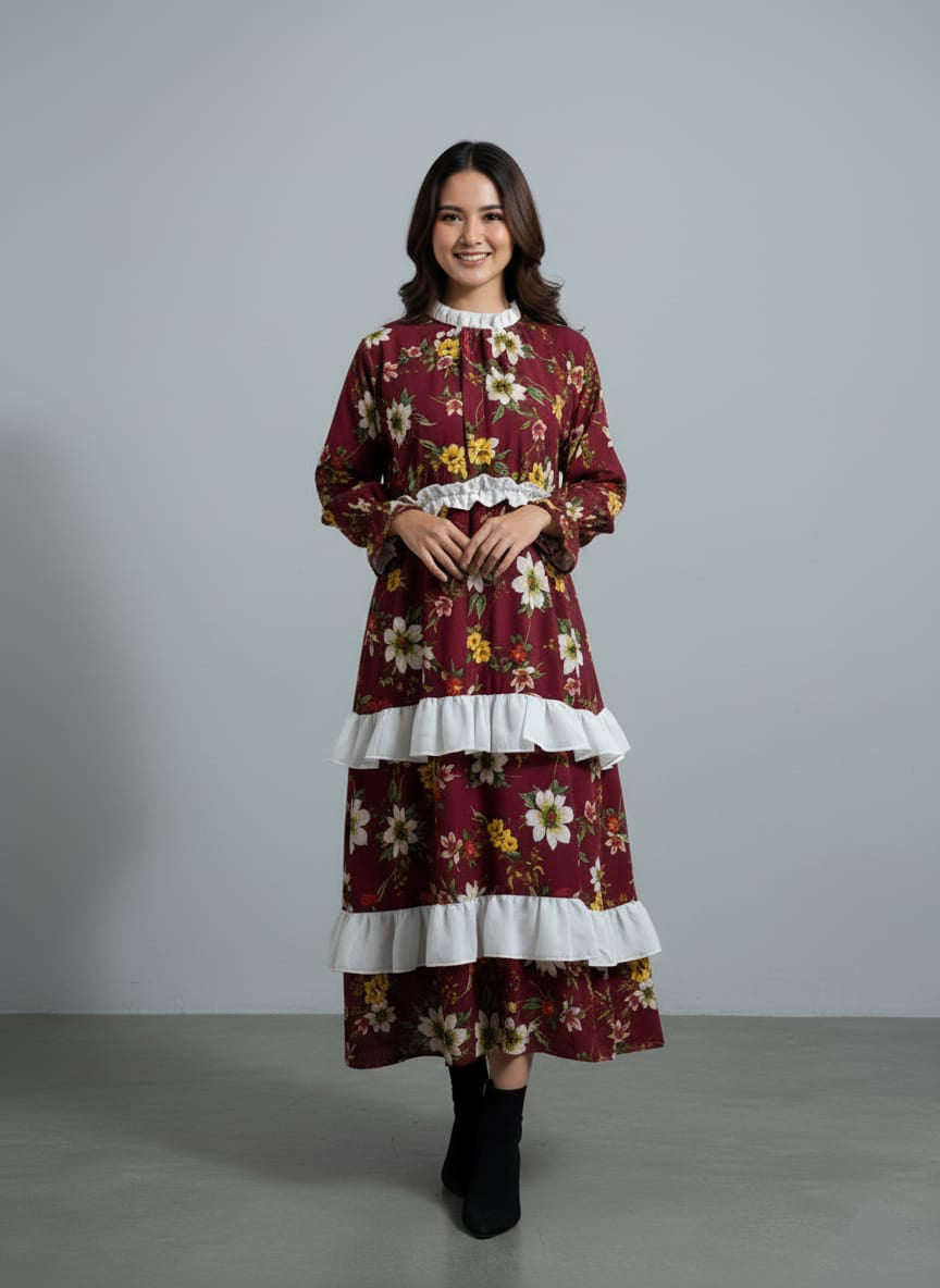 TRENDZ FASHION Elegant Floral Chiffon Ruffle Maxi Dress for Women