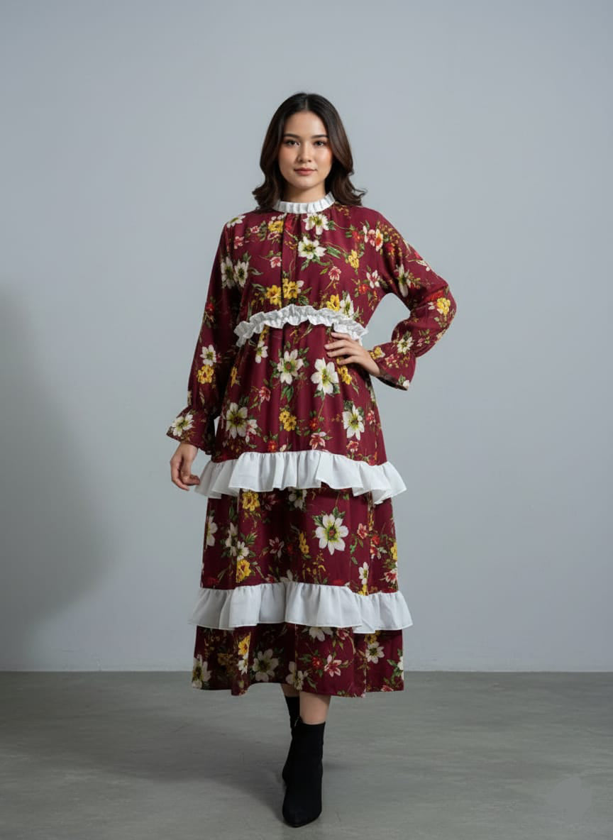 TRENDZ FASHION Elegant Floral Chiffon Ruffle Maxi Dress for Women