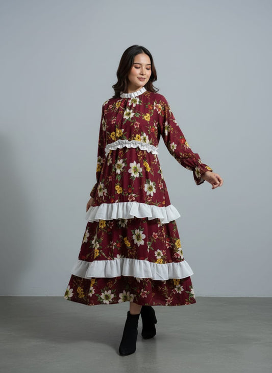 TRENDZ FASHION Elegant Floral Chiffon Ruffle Maxi Dress for Women