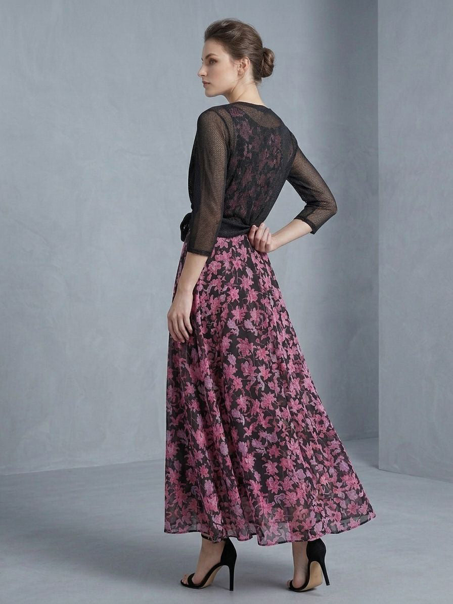 Premium Chiffon Floral Long Maxi with Front-Tie Jacket LF-40