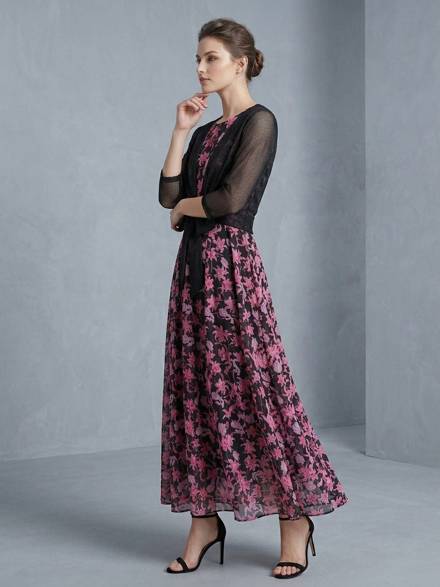 Premium Chiffon Floral Long Maxi with Front-Tie Jacket LF-40