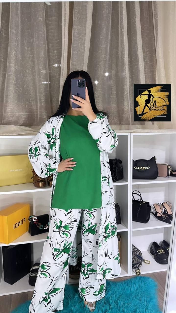 3-Piece Digital Printed Crepe Suit | Coat Style Top & Printed Trousers | Plain Inner Included