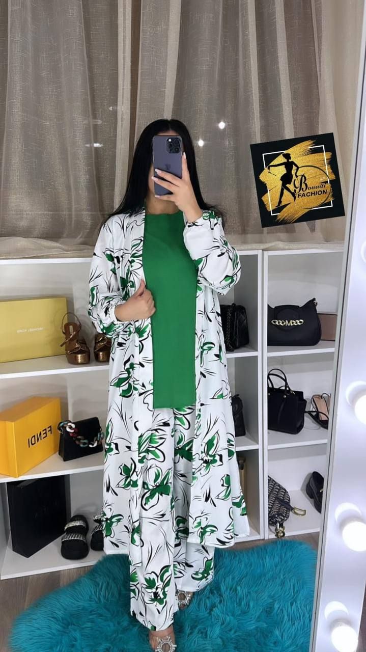 3-Piece Digital Printed Crepe Suit | Coat Style Top & Printed Trousers | Plain Inner Included