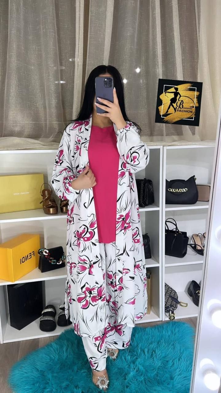 3-Piece Digital Printed Crepe Suit | Coat Style Top & Printed Trousers | Plain Inner Included